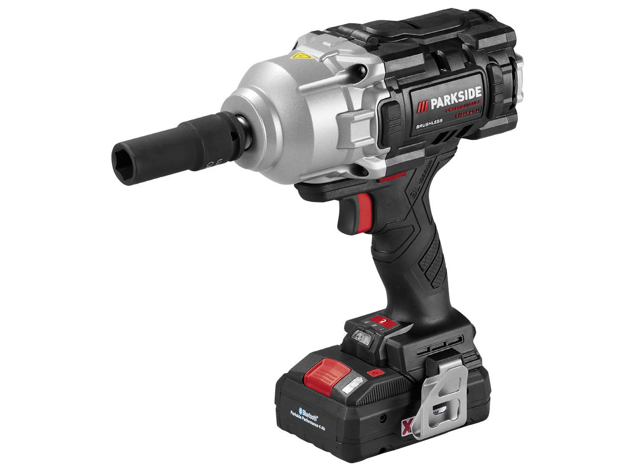Акумулаторен ударен гайковерт с батерия, Bluetooth и надпис 'BRUSHLESS PERFORMANCE'.