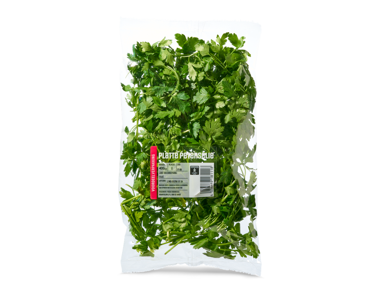 Een zakje Platte Peterselie van 40g, met een etiket met productinformatie.