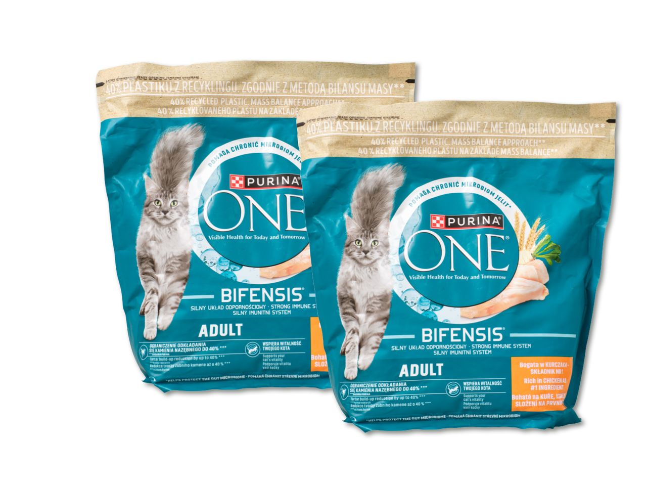Kaks Purina One Bifensis täiskasvanud kasside toidu pakki.