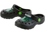 Pair of Minecraft black children's Crocs-style clogs with green accents.