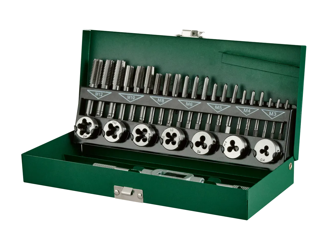 Tap and die set in a green metal case.
