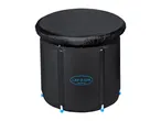 Black portable ice bath with a cover, featuring blue accents and text 'ICE BATH'