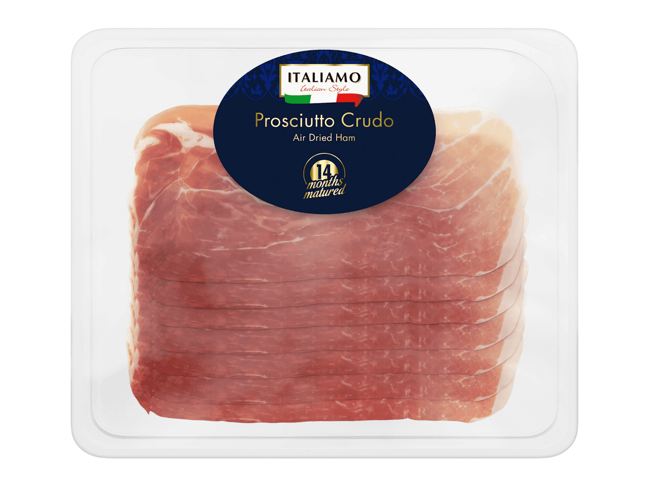 Pakkaus ilmakuivattua kinkkua, jossa on etiketti, jossa lukee 'Prosciutto Crudo' ja '14 months matured'.