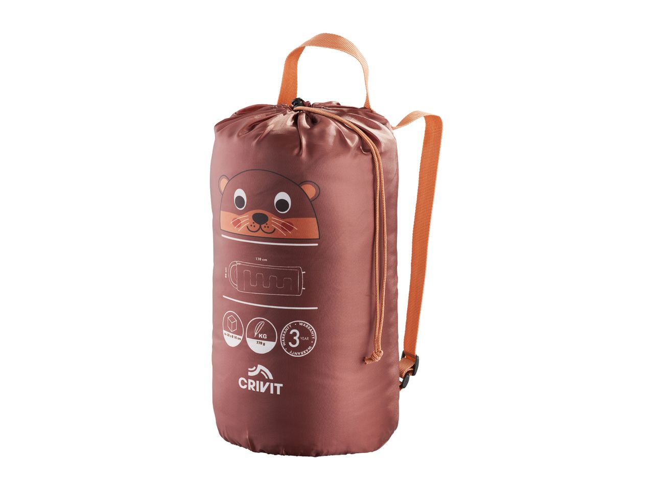 Crivit children's sleeping bag in a drawstring backpack, brown with otter design.