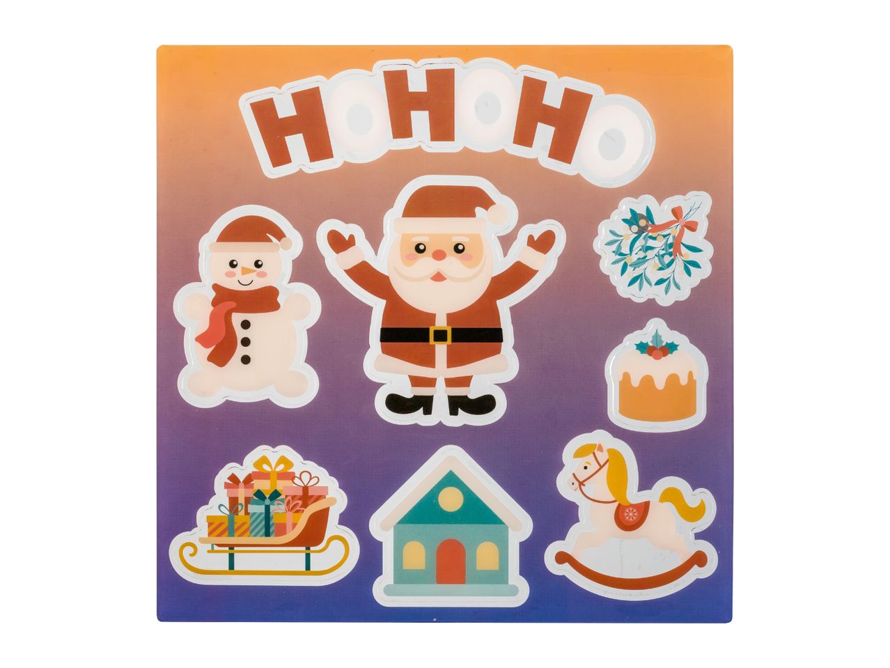 Christmas sticker sheet with Santa, snowman, mistletoe, cake, sleigh, house, and rocking horse.