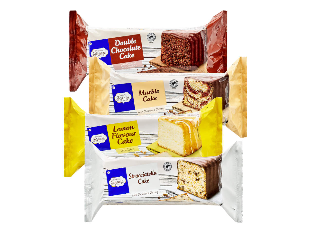 Varietà di dolci Dr. Oetker, tra cui torta al cioccolato, alla crema e al limone.