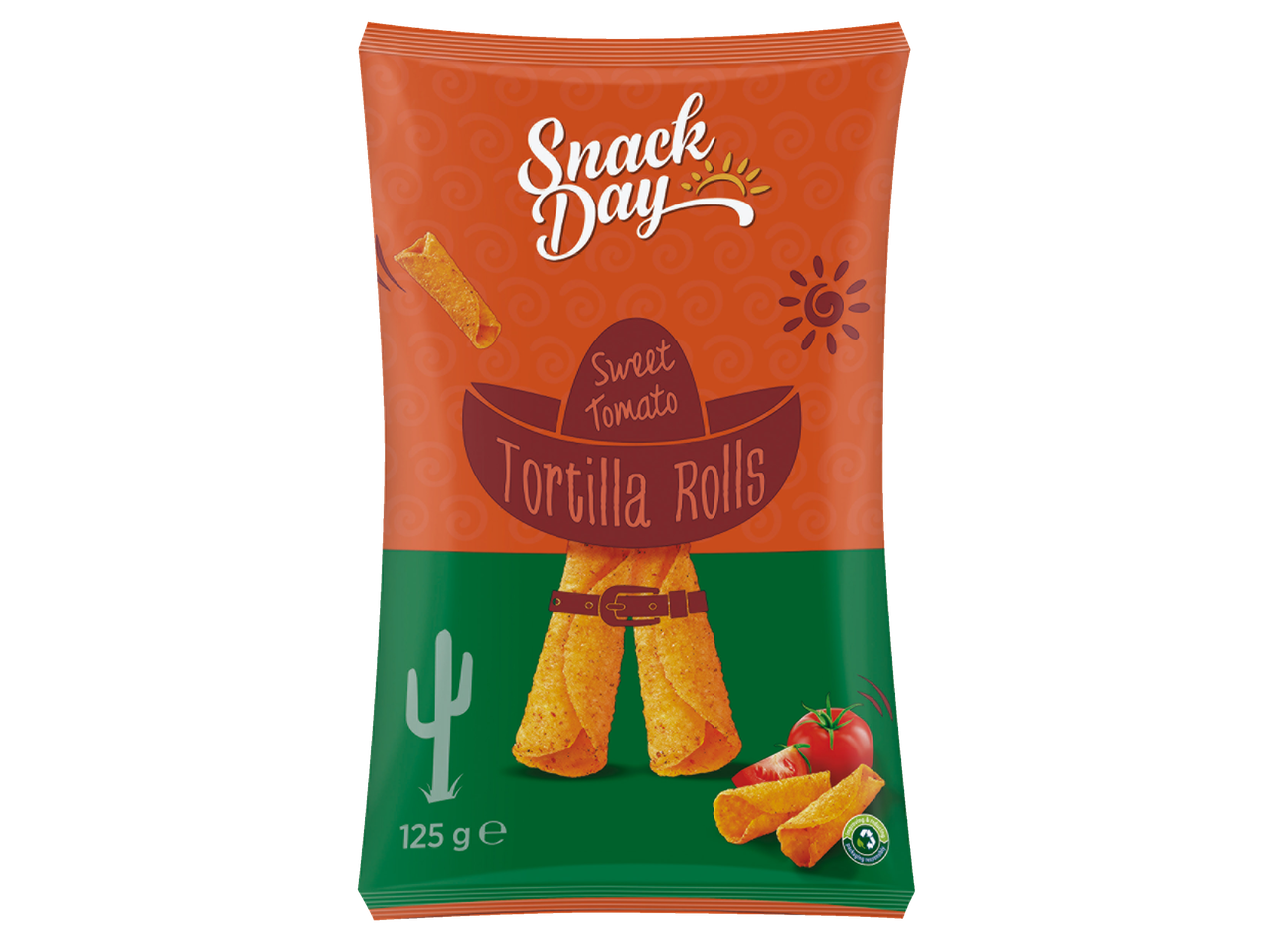 Snack Day saldūs pomidorų tortilijų ritinėliai, 125 g pakuotė.