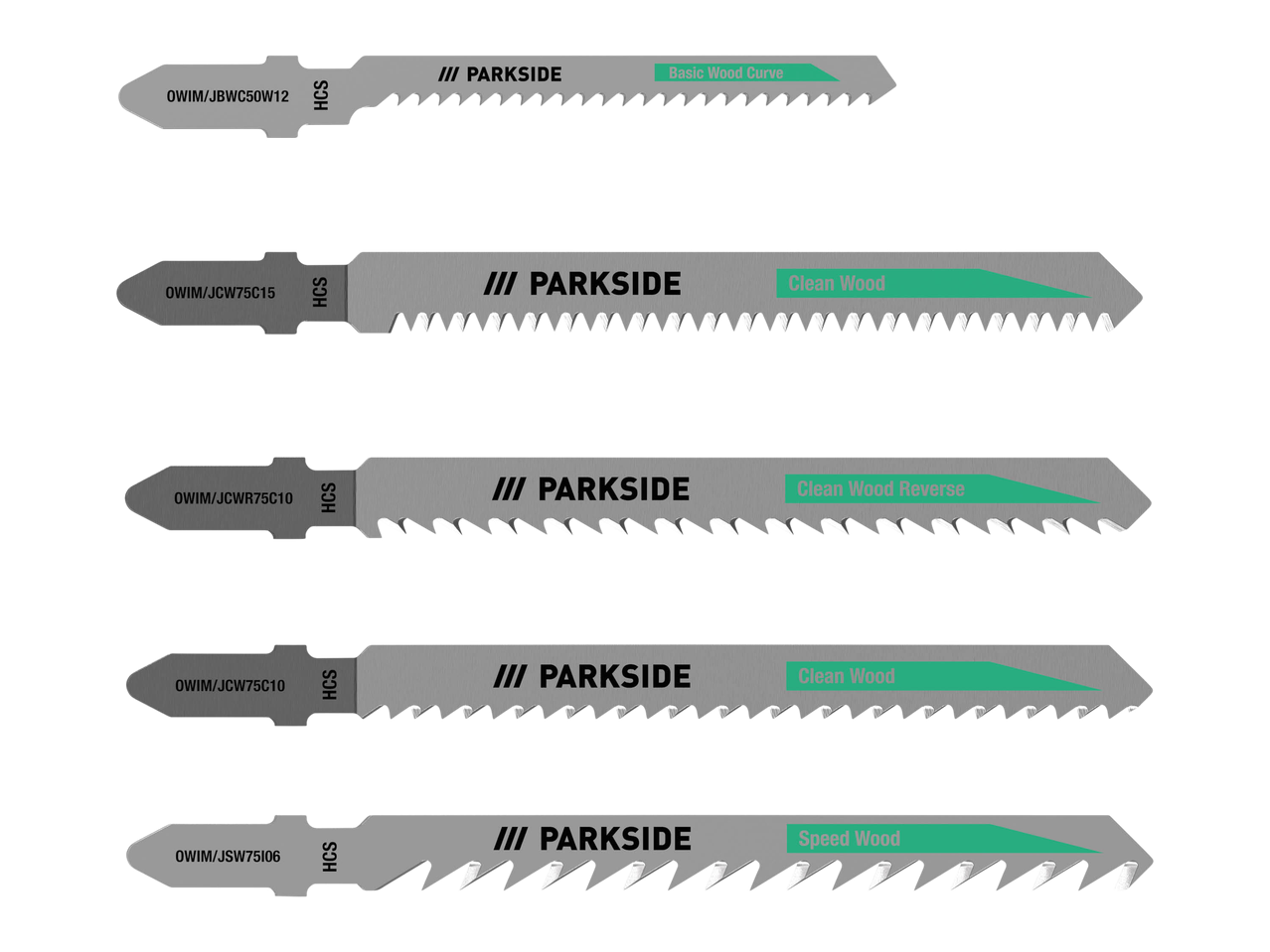 PARKSIDE jigsaw blades for various wood cutting tasks, including basic, clean, reverse, and speed cuts.