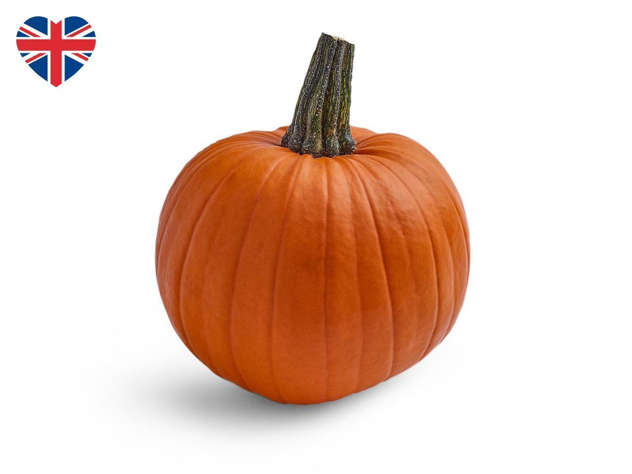 A pumpkin with a heart-shaped Union Jack flag in the top left corner.
