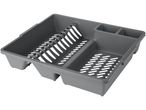 Gray plastic dish drying rack with utensil holders.