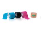 Four rolls of Sensiplast kinesiology tape in blue, black, pink, and beige.