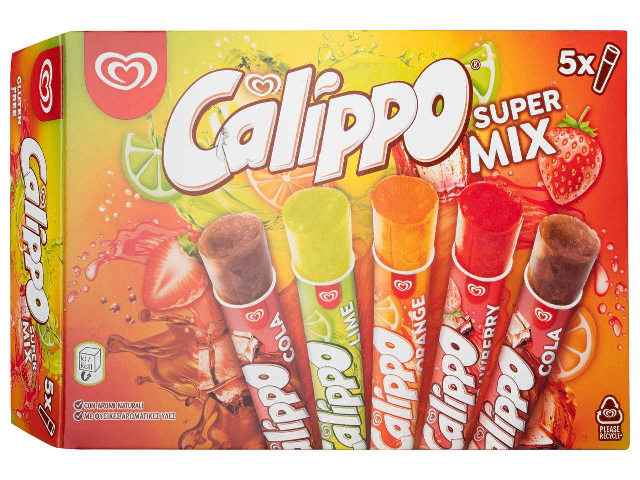 Egy doboz 5 Calipo Super Mix jégkrémmel, kóla, lime, narancs és málna ízesítéssel.