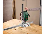 A person uses a Parkside drill press to work on a metal bar on a wooden workbench.