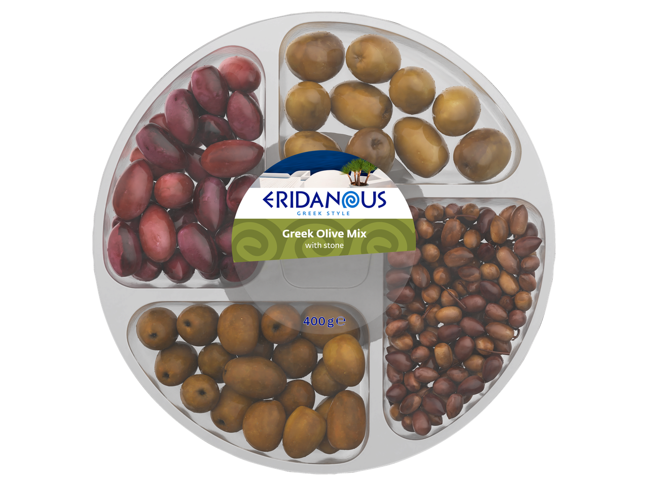Eridanus Kreeka oliivide segu plastikust kandikul: Kalamata, rohelised ja pruunid oliivid.