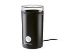 Black electric coffee grinder with a transparent lid and a silver button on the front.