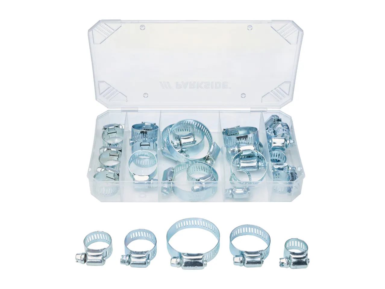 A clear plastic organizer box filled with various sizes of metal hose clamps, with five clamps displayed below.