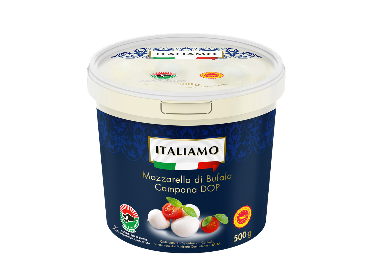 ITALIAMO Mozzarella di Bufala Campana DOP in een 500g emmer.