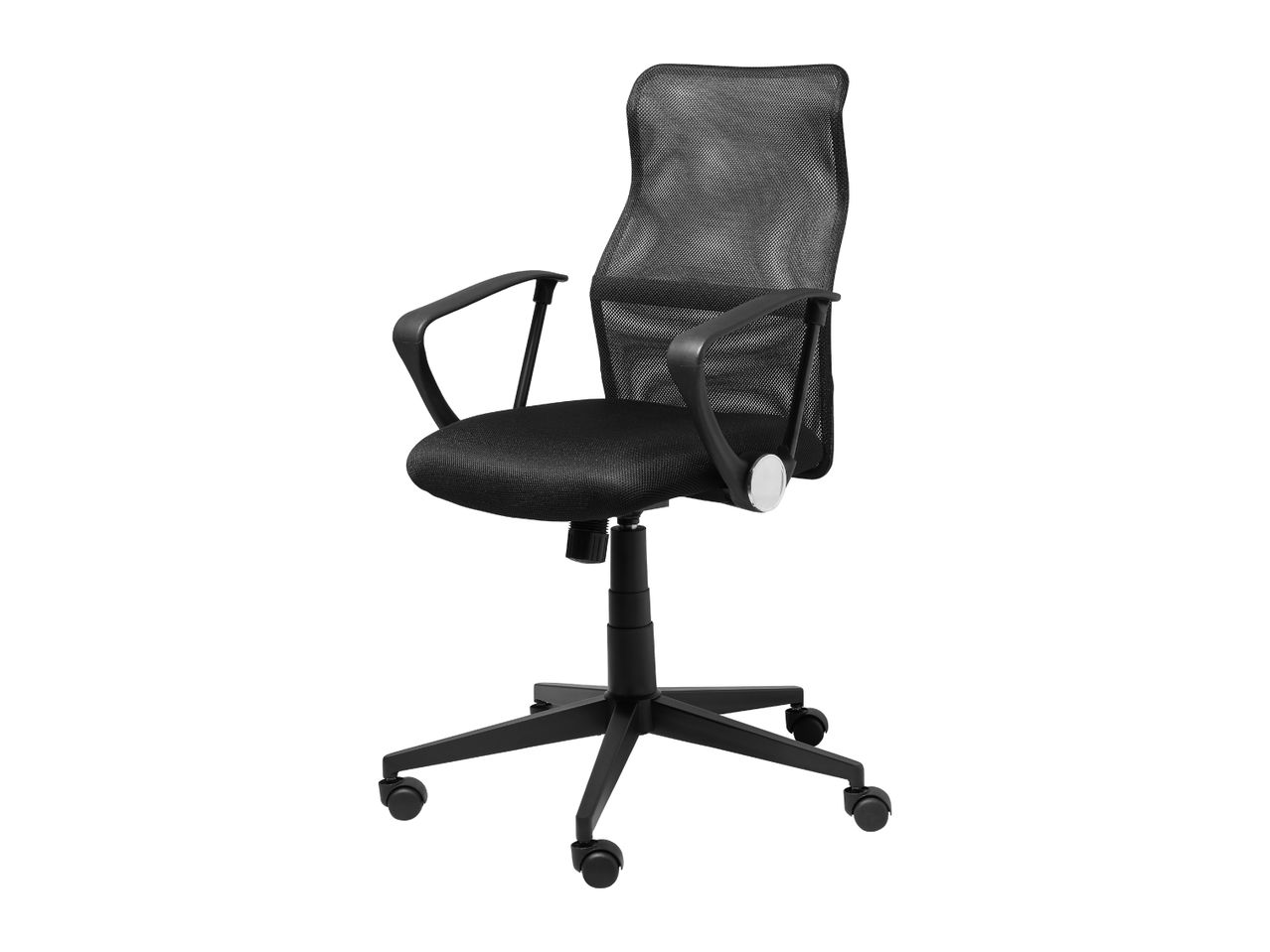 Black mesh office chair with armrests and wheels