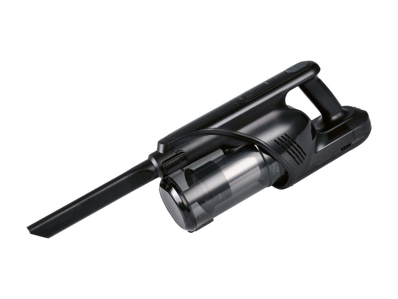 A black cordless handheld vacuum cleaner is shown against a white background.