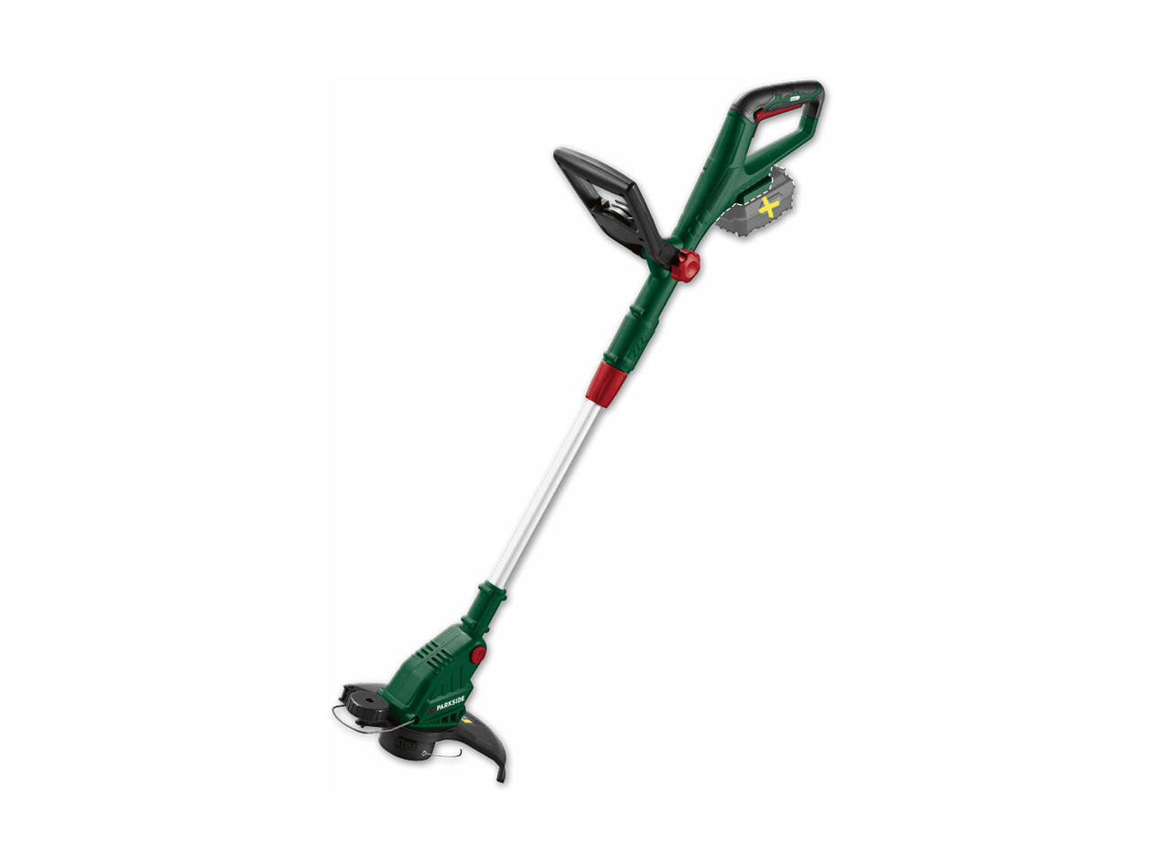 Grüner Akku-Rasentrimmer mit schwarzem Griff und rotem Akku-Anschluss.