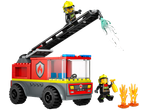 Toy fire truck with an extended ladder, two firefighter figures, and flame accessories.