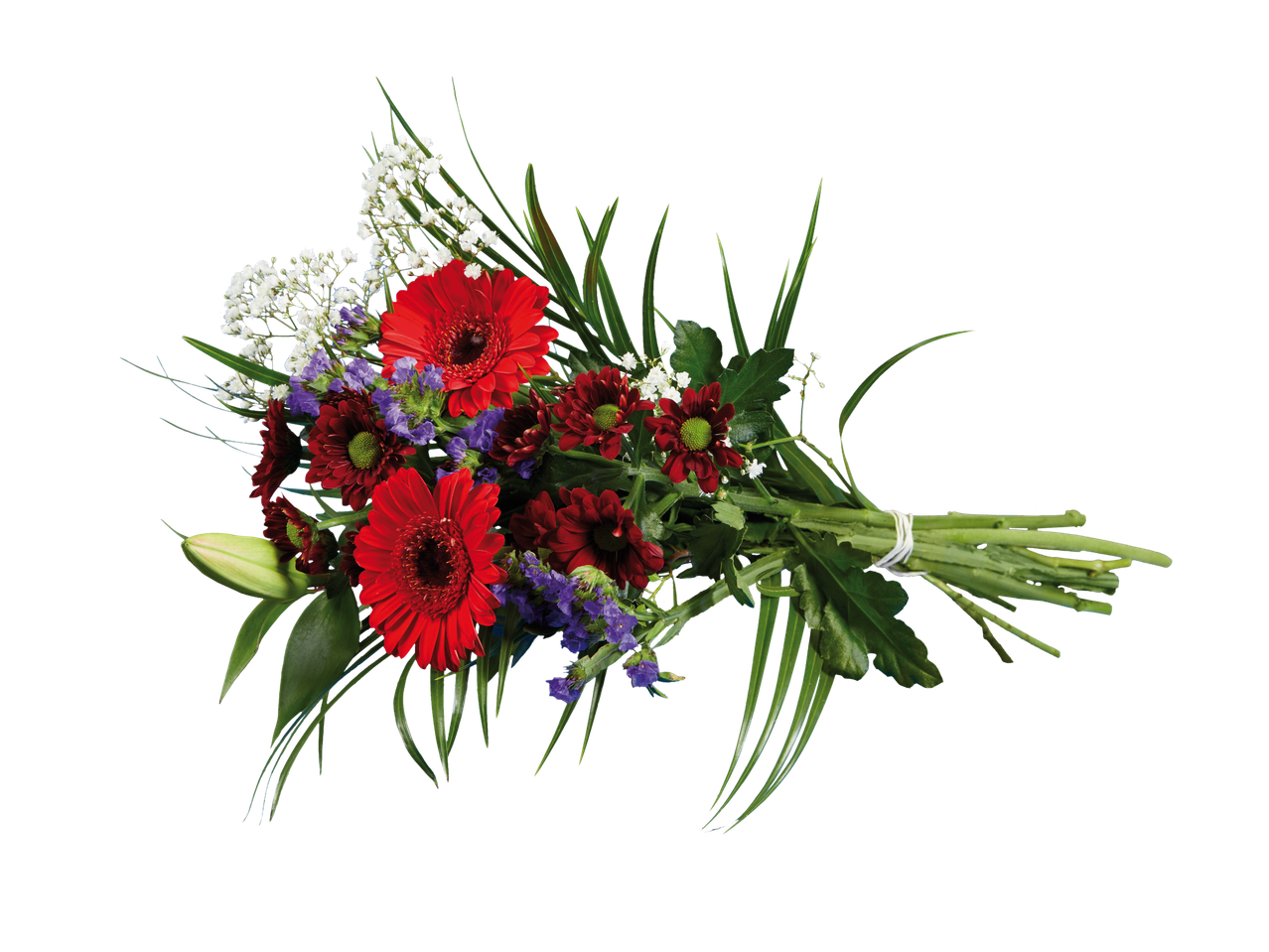 Buchet de flori roșii și albe legat cu ață.