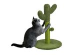 Grey cat playing with a green cactus-shaped scratching post with a dangling pom-pom.