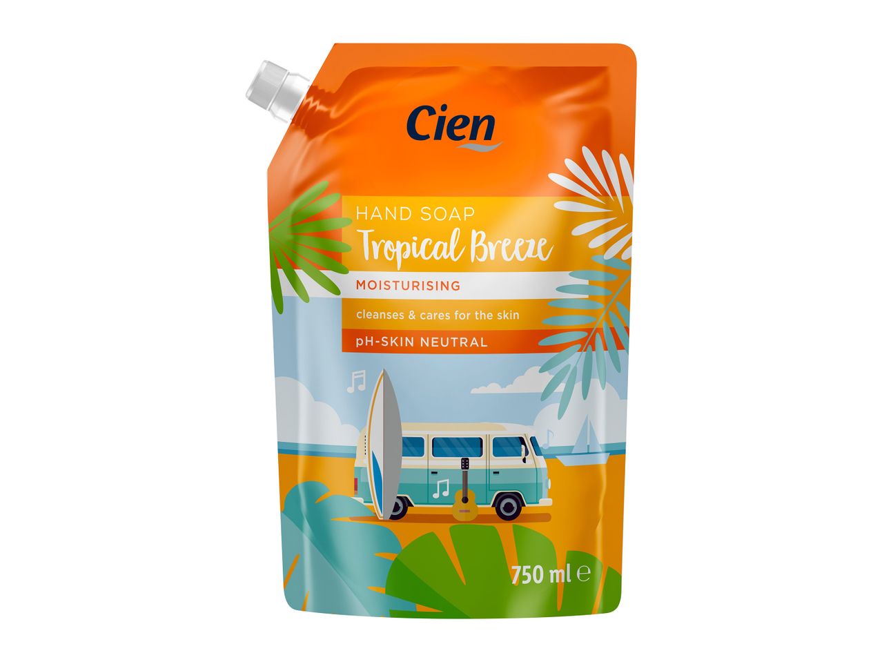 Συσκευασία υγρού σαπουνιού Cien Tropical Breeze, 750ml, με τροπικό θέμα.