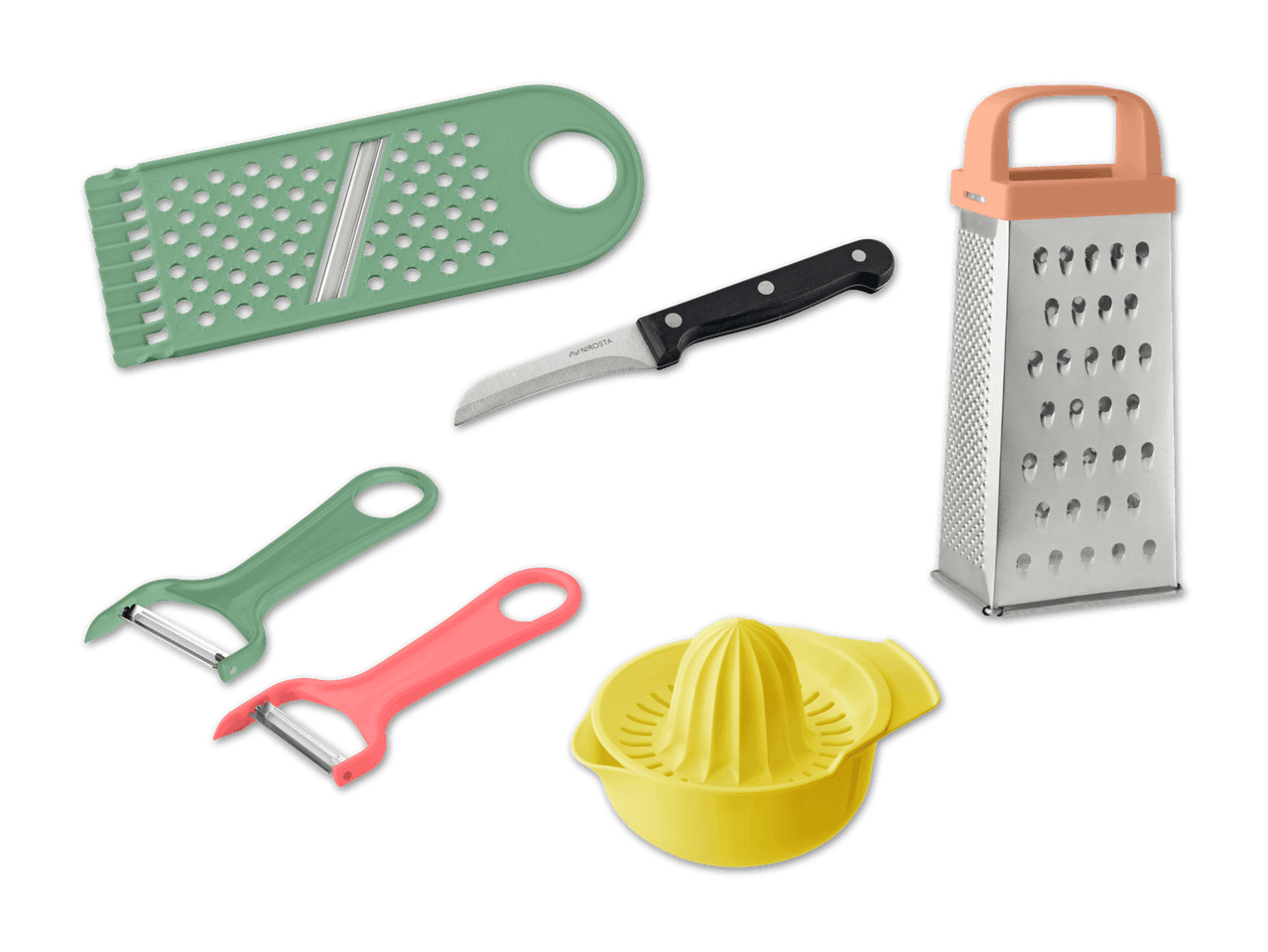 Küchenhelfer-Set mit Reiben, Messer, Sparschäler und Zitruspresse.