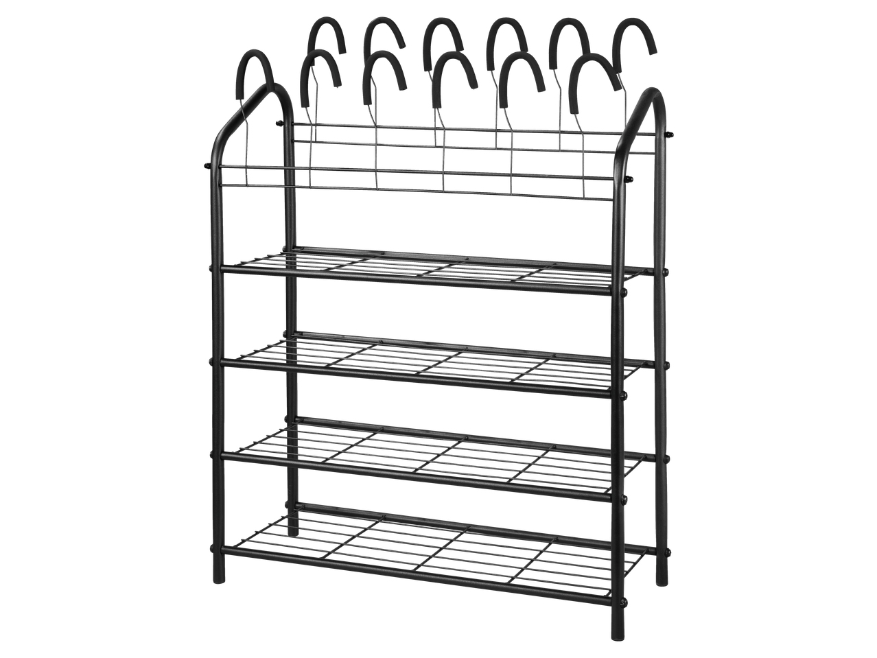 Black metal shoe rack with four shelves and hooks for hanging items.