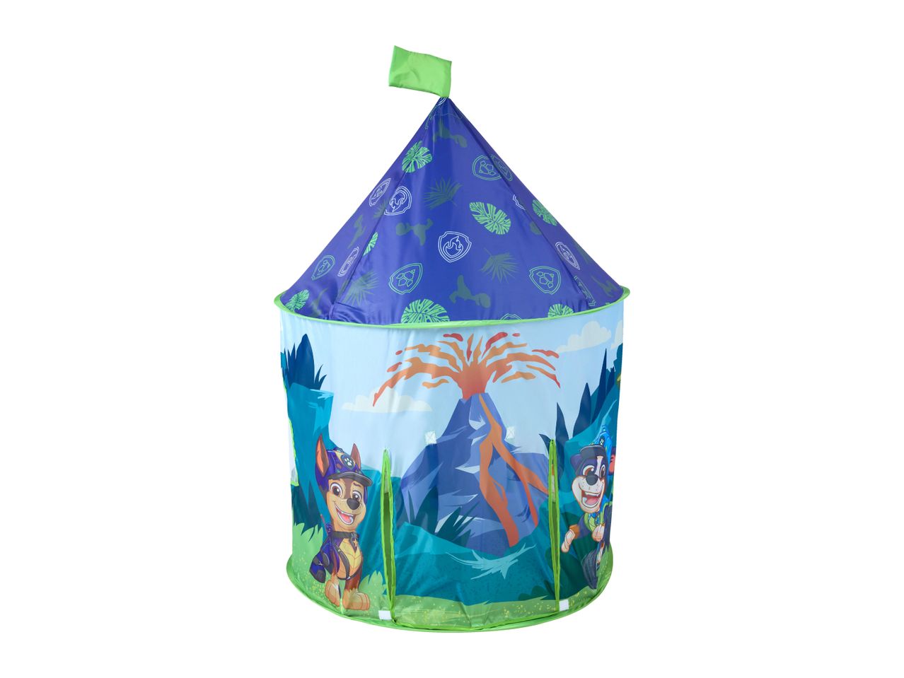 Blue play tent with a conical roof, green flag, and cartoon dog characters in a jungle scene.