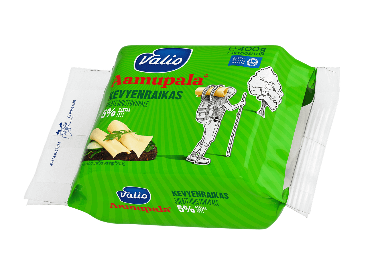 Vihreä pakkaus kevyttä juustoviipaletta, jossa on vaeltajan ja puun kuvitus.