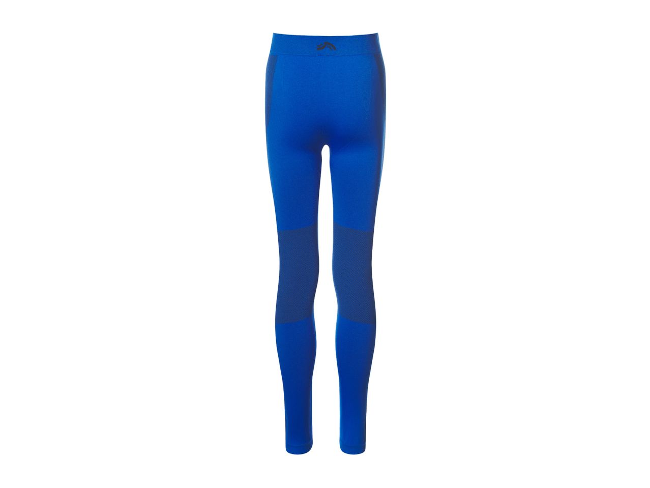 Blue athletic leggings with darker blue textured panels and a small logo on the waistband.