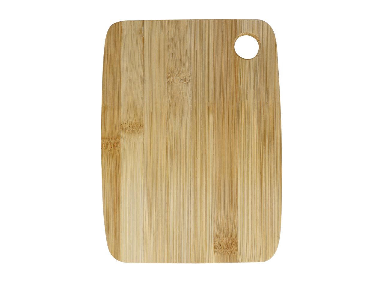 Rectangular bamboo cutting board with rounded corners and a circular hole in the top right.