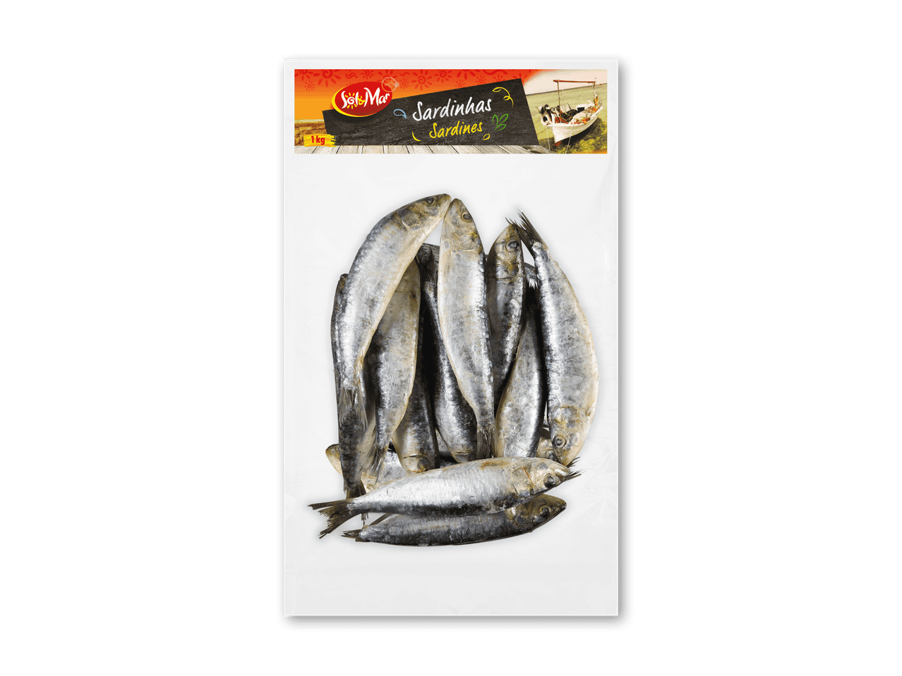 En pakke frosne sardiner med etiket, der viser en båd og teksten 'Sardinhas Sardines'.