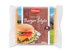 Pakke med 10 bløde osteskiver i burgerstil, 200g, med billede af en burger.