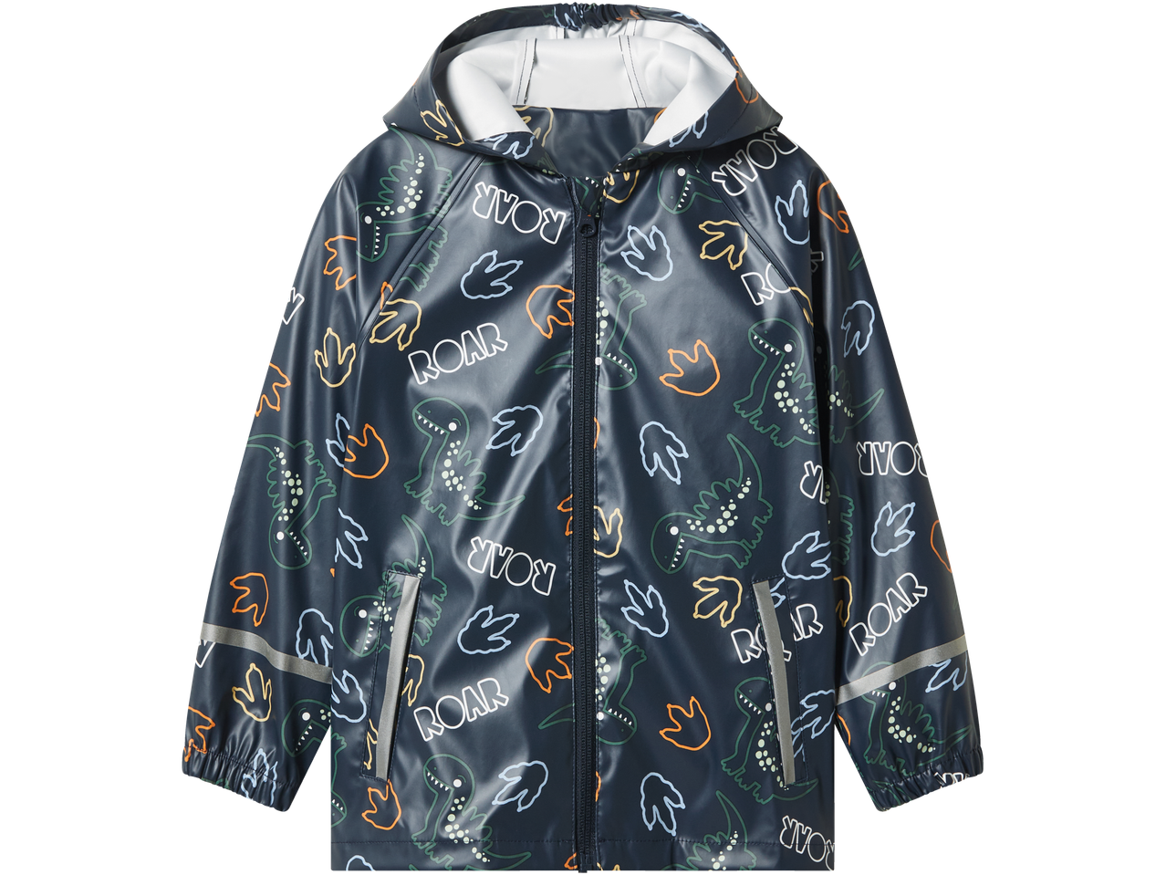 lupilu® Kleinkinder Regen-Jacke: Tumši zila lietus jaka ar dinozauru rakstu un uzrakstu 'ROAR'.