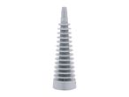 Grey plastic funnel with a ribbed, conical shape, standing upright on a white background.