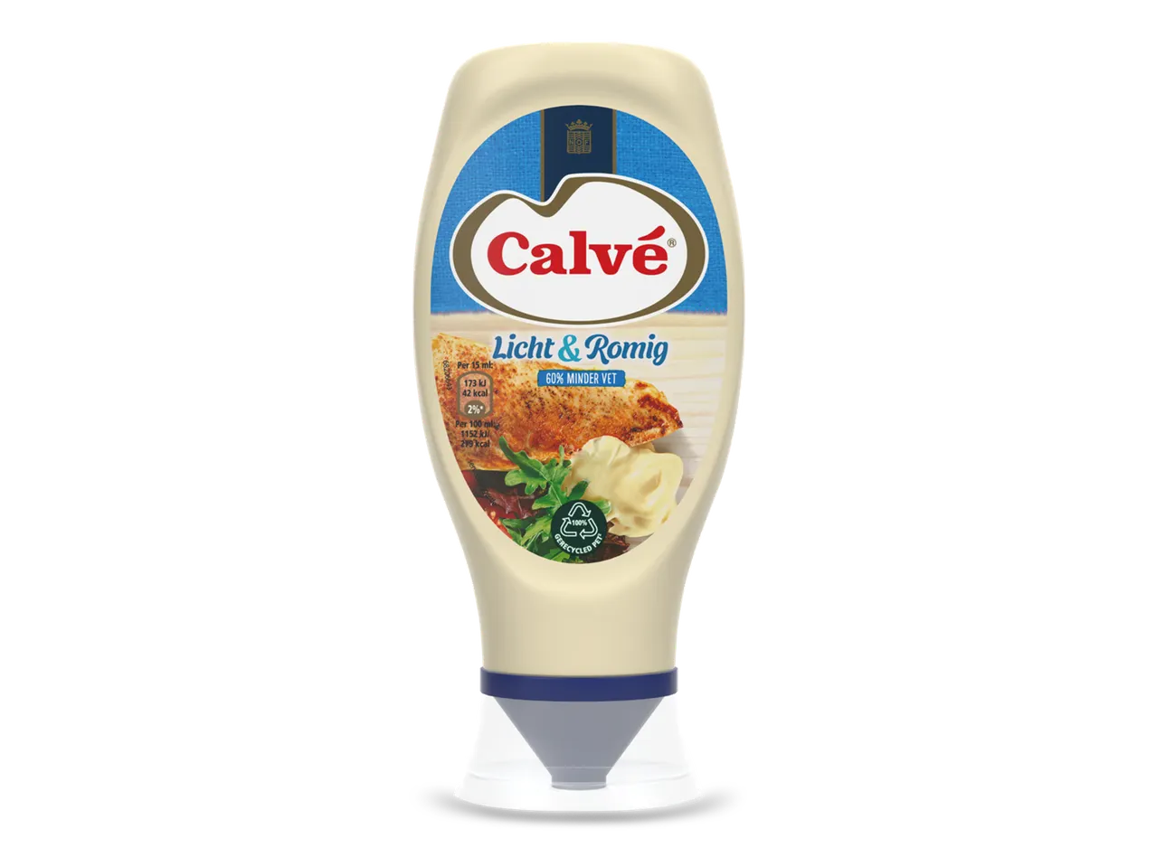 Een fles romige, vetarme mayonaise met 60% minder vet.