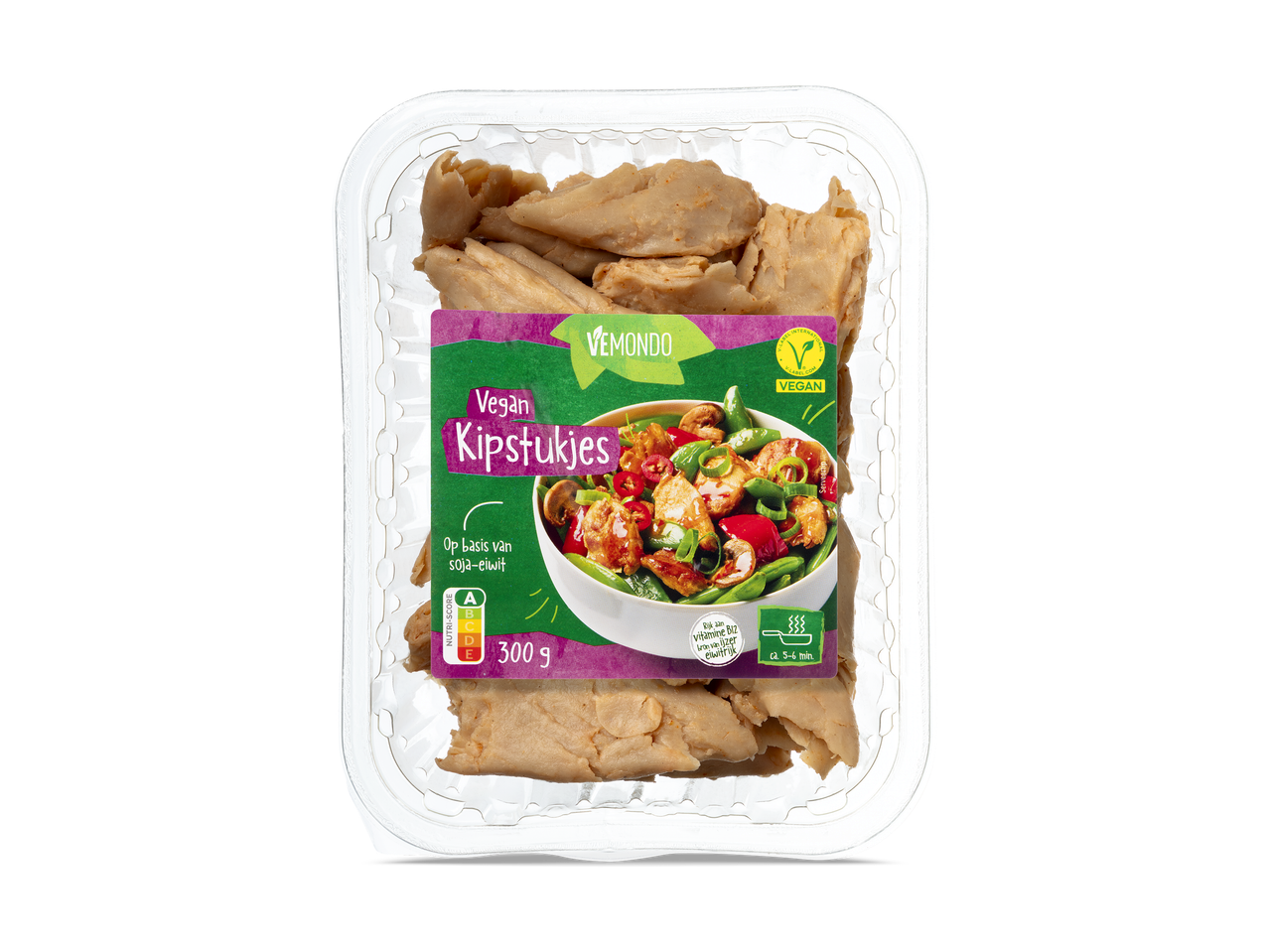 Verpakking met vegan kipstukjes op basis van soja-eiwit, met Nutri-Score A en bereidingsinstructies.