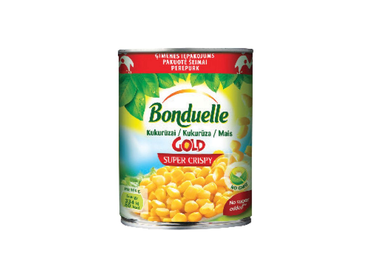 Bonduelle Gold Super Crispy kukurūzai skardinėje, be pridėtinio cukraus.
