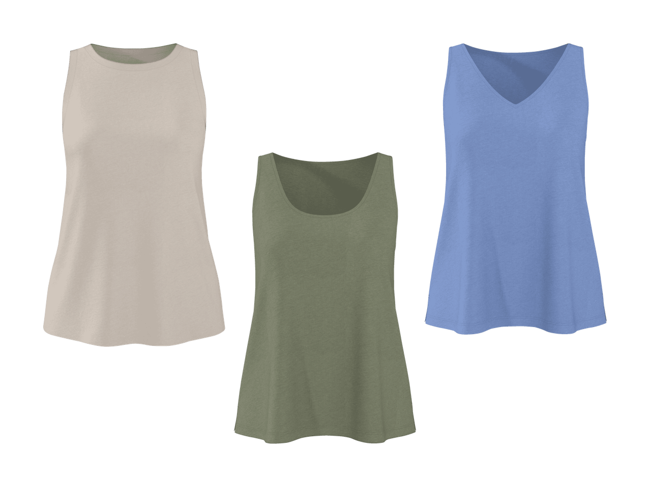 Drei Damen-Tanktops in Beige, Olivgrün und Hellblau.