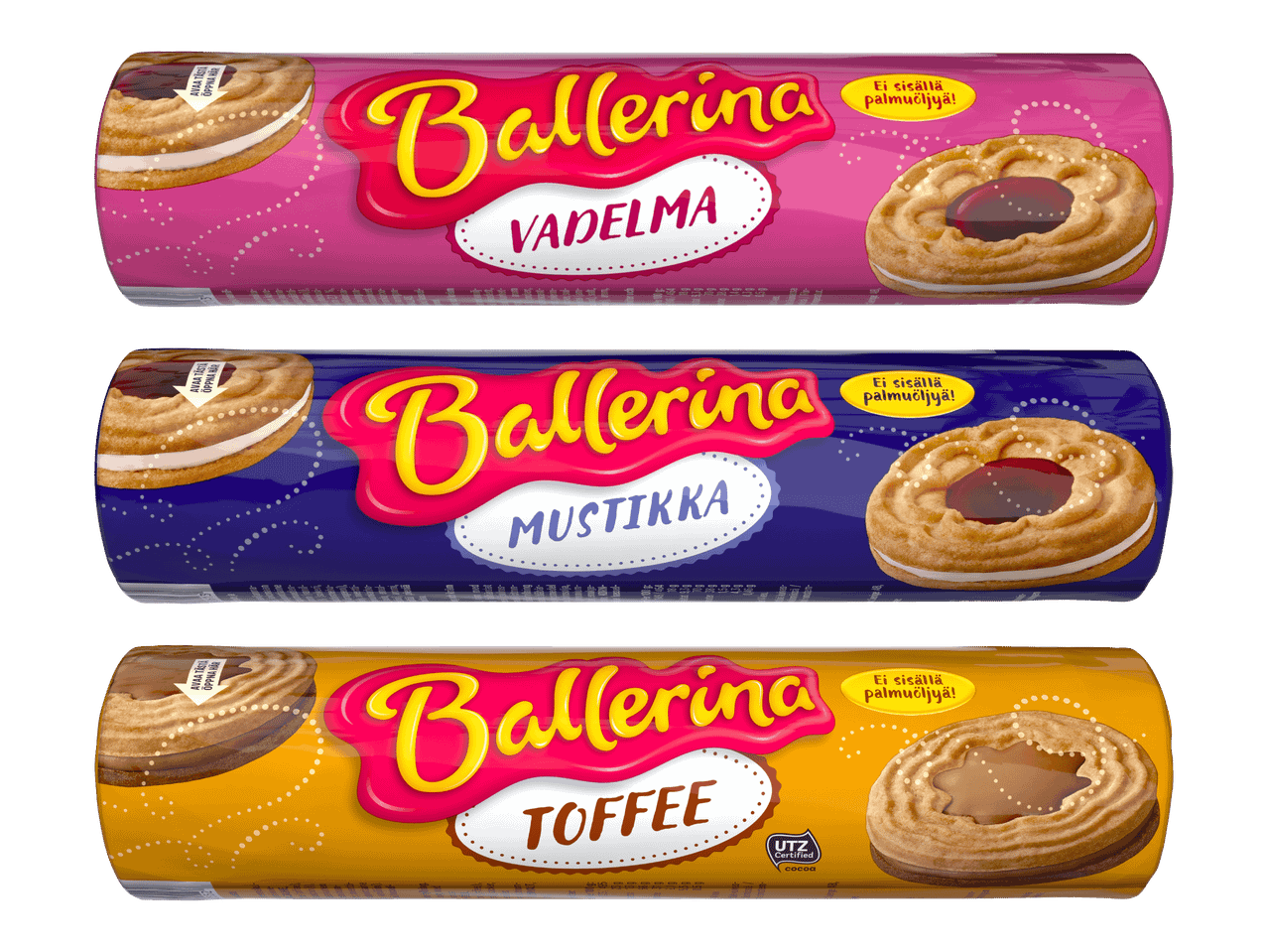 Kolme pakkausta täytekeksejä: vadelma, mustikka ja toffee. Kaikki palmuöljyttömiä.