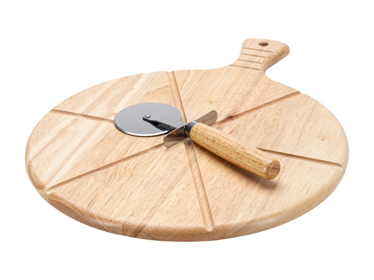 Ein Holz-Pizzaschneider mit Pizzaschneidebrett.