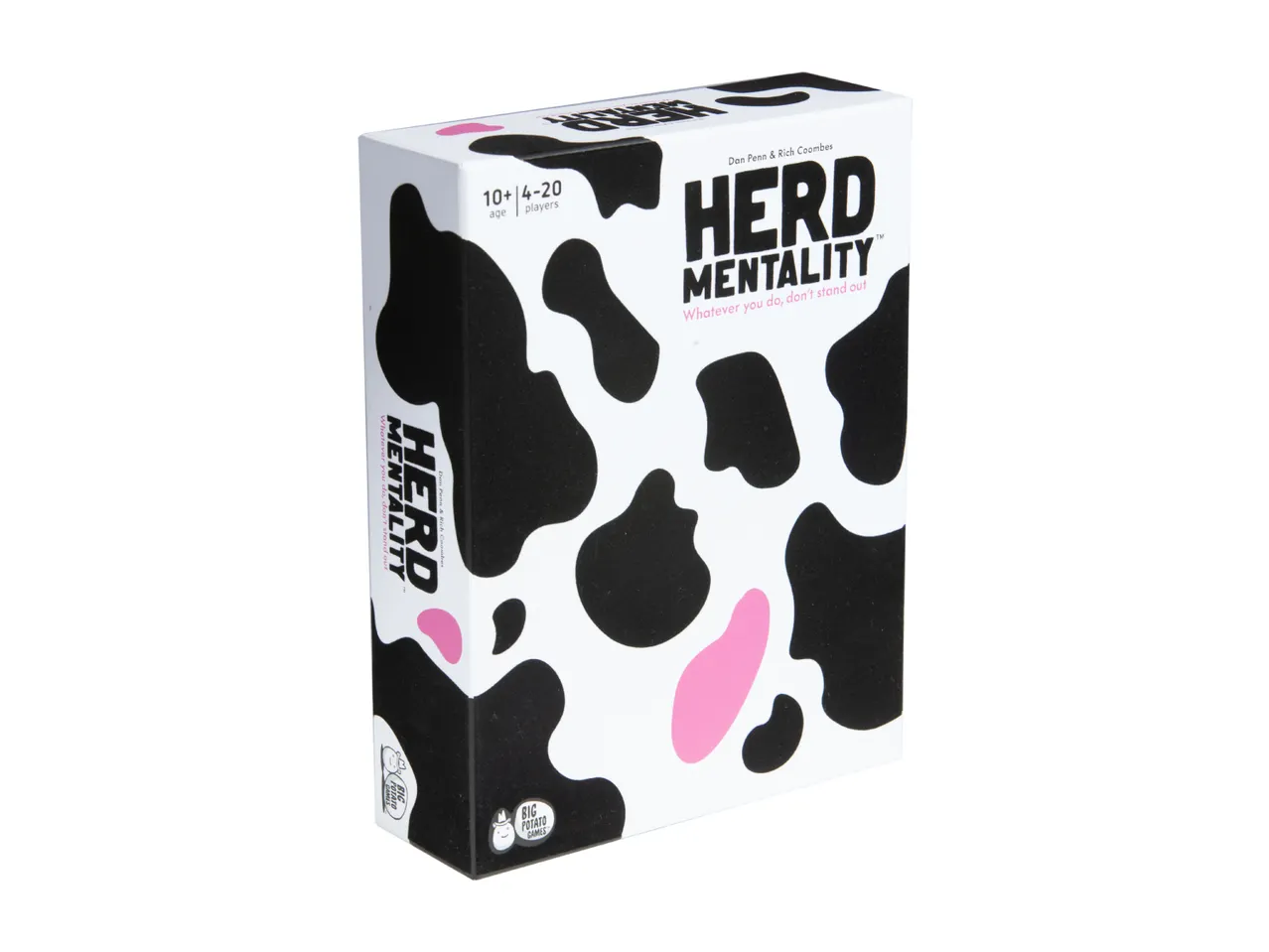 A white box game with black cow print and pink accents, titled 'Herd Mentality' with 'Whatever you do, don't stand out' slogan.