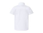 Back view of a white short-sleeved collared shirt.