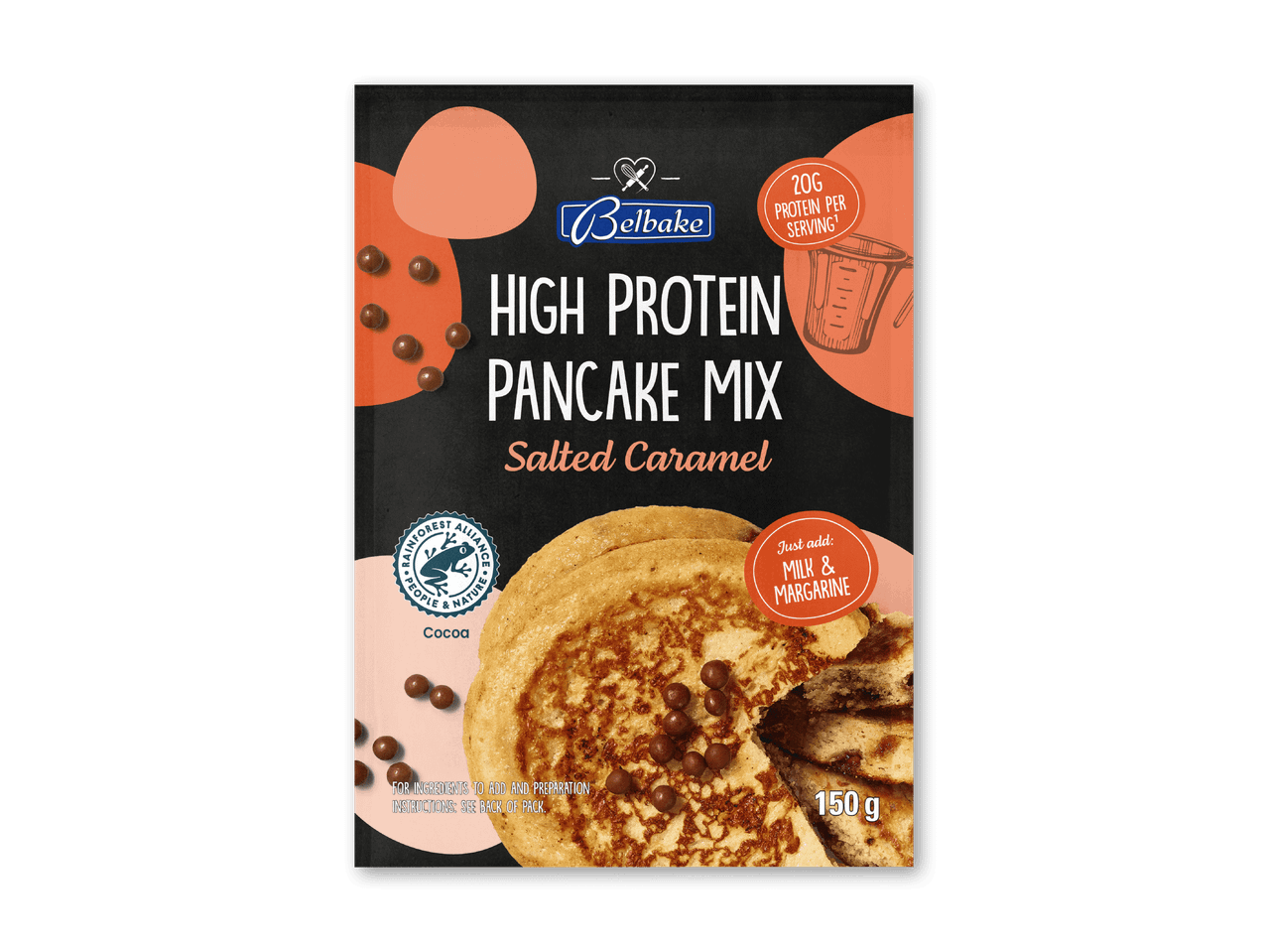 Højprotein pandekagemix med saltkaramel, 150g, med 20g protein pr. portion.