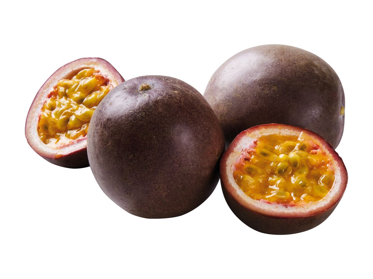 Whole and halved passion fruits with vibrant yellow pulp and seeds.