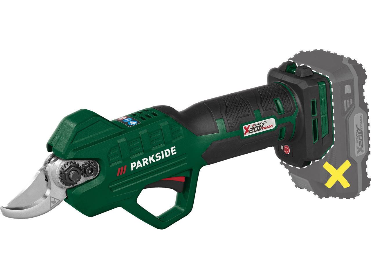 Bezvadu atzarošanas šķēres ar ergonomisku rokturi un noņemamu akumulatoru.