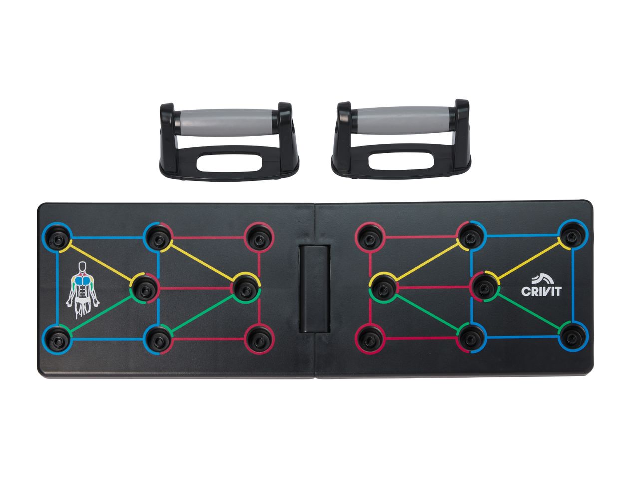 Black push-up board with color-coded muscle group guides and two grey handles.